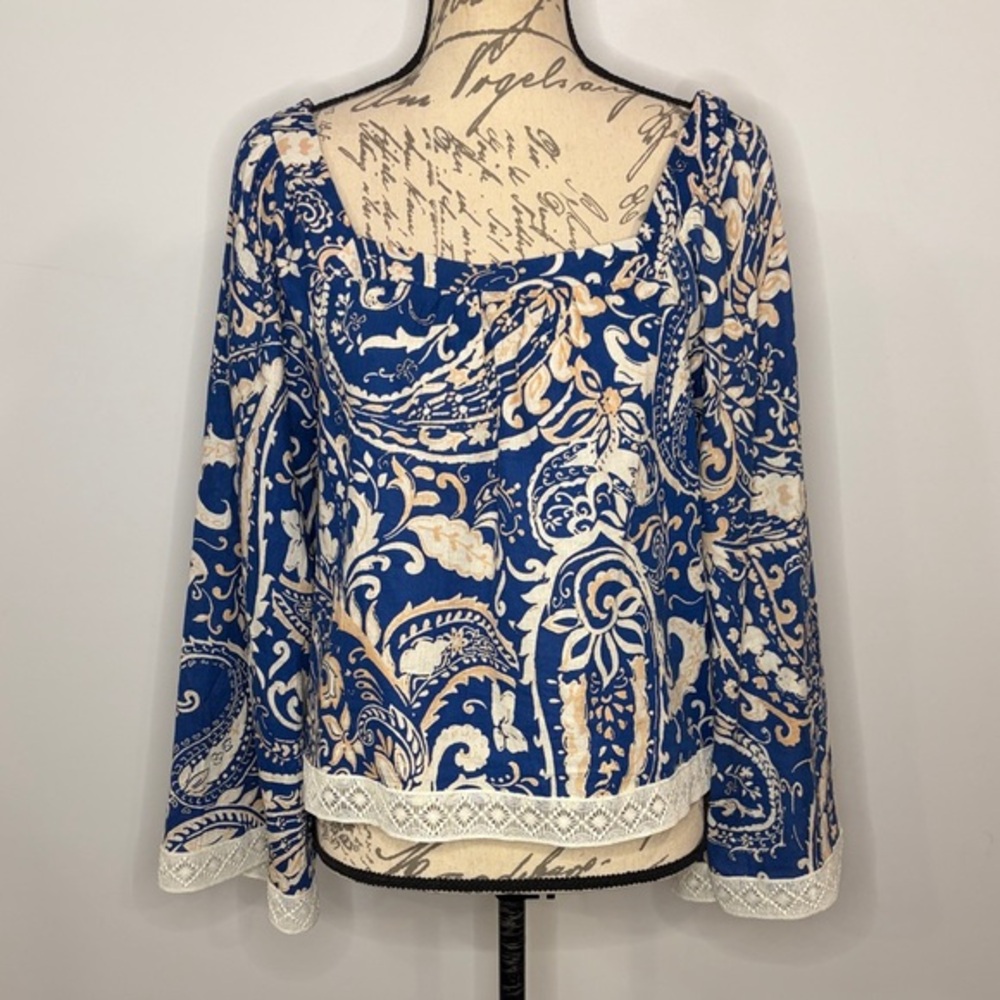 Nicole Miller N.Y. linen blend top crochet lace trim flared bell sleeves S